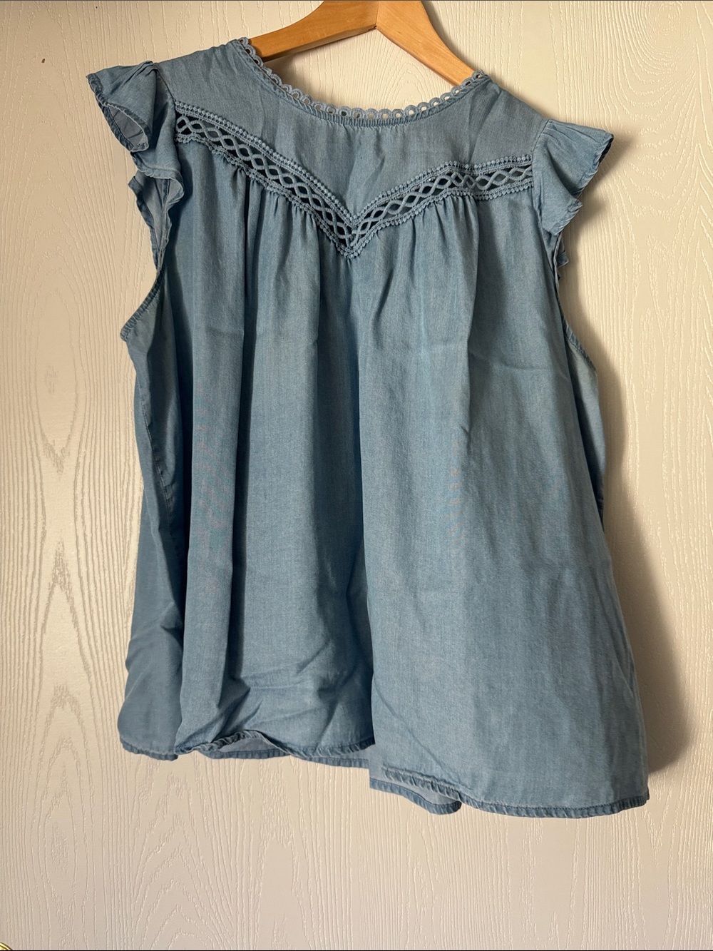 torrid Chambray Blue Crochet Yoke Flutter Sleeve Top